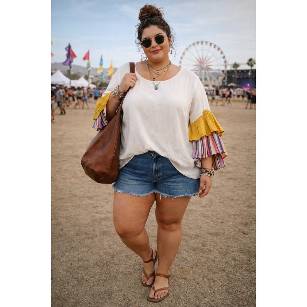 DAVI & DANI Cream Blouse with Mustard and Multicolor Ruffle Sleeves